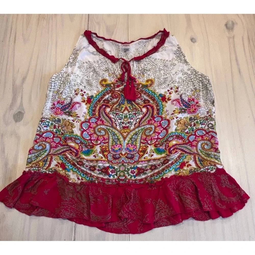 Bila Womens Large Boho Paisley Sleeveless Tassel Tie Neck Ruffle Hem Rayon Top